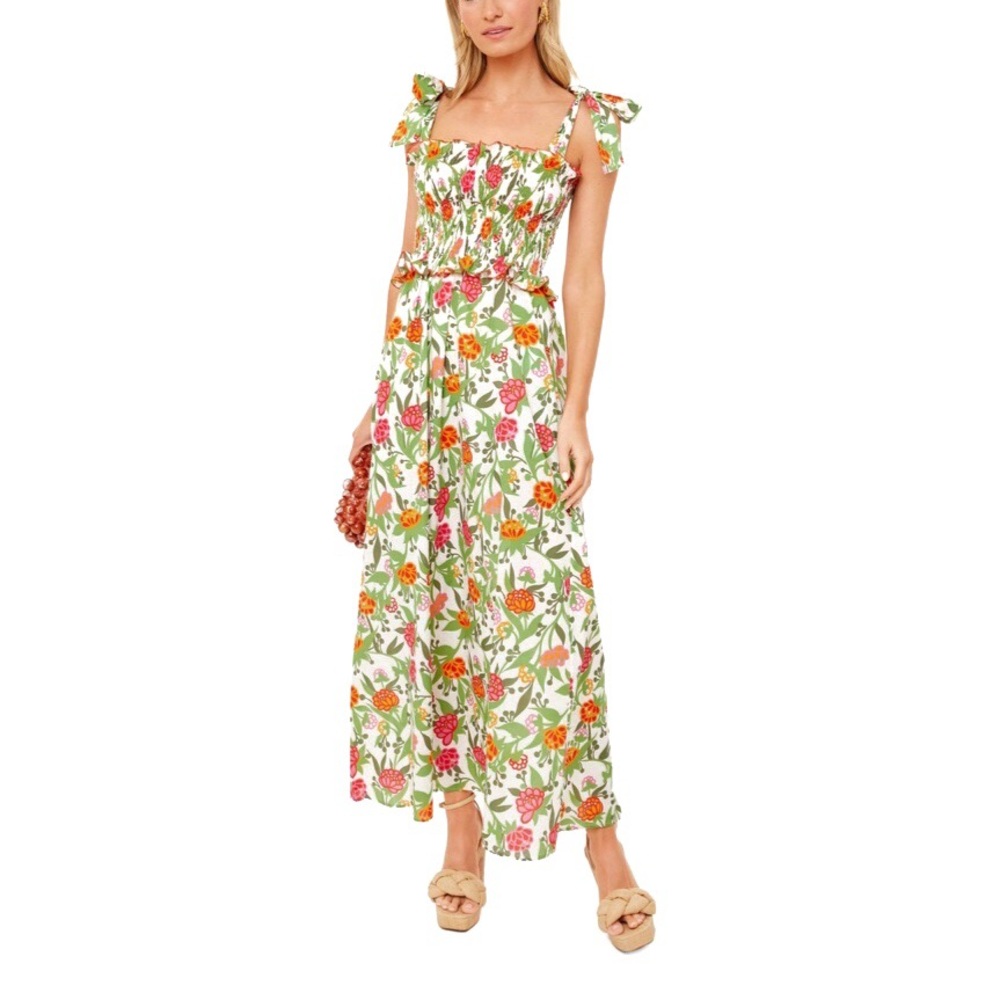 NWT LORETTA CAPONI Andrea Maxi Dress Floral Cotton Ribbon Sundress Smock XL New